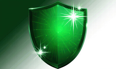 Glossy Green Shield with Sparkles and Radial Light Effect