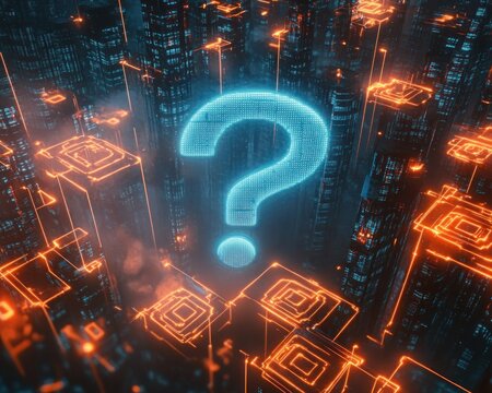 Glowing blue digital question mark hovering above futuristic cityscape with neon orange circuit-like patterns on high-tech buildings under a dark atmosphere