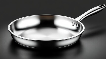 shiny stainless steel frying pan with a long handle on a dark surface