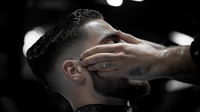 Close-up of a man with wet hair receiving a precise haircut with clippers while another hand shields his eyes in a dimly lit setting