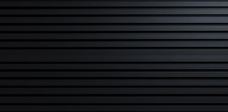 Close-up of smooth horizontal black metal panels with subtle texture and shadows creating a sleek, modern, and minimalistic appearance