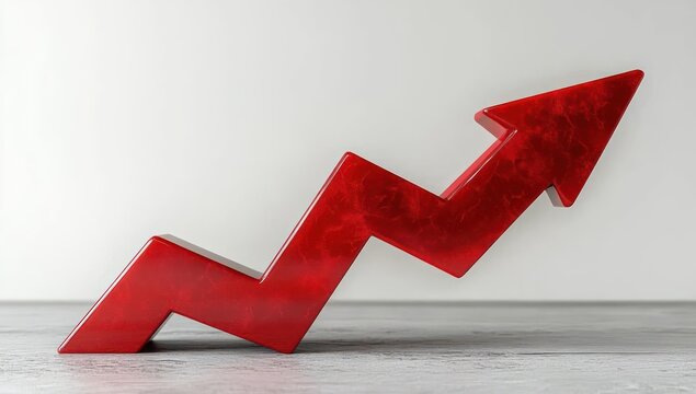 shiny red three-dimensional zigzag arrow pointing upwards placed on flat gray surface against white background