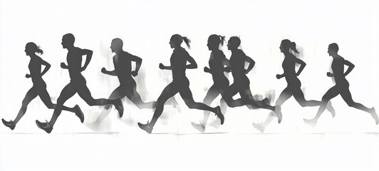 silhouettes of eight people running in profile with overlapping motion blur effect on white background conveying dynamic energy and movement