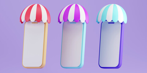 3D rendering of Smartphone mockup with shop canopy on pastel background, e-commerce sign