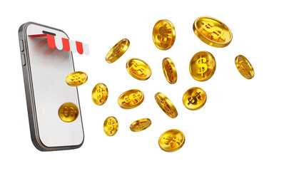 3D rendering of golden coins with smartphone, online shopping, sale promotion, system online payment icon concept