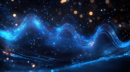 abstract glowing blue wave patterns with scattered light particles against a dark background conveying a futuristic and dynamic atmosphere