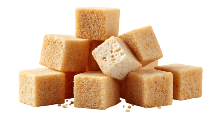 Pile of brown sugar cubes isolated on transparent background