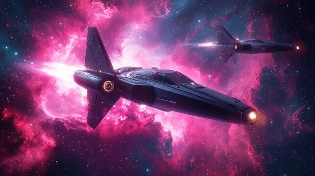 Two sleek futuristic spacecraft flying through a vibrant pink and purple nebula in deep space surrounded by distant stars, evoking a sense of adventure and exploration