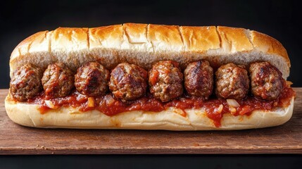Sub sandwich filled with multiple grilled meatballs and tomato sauce on a wooden surface with a dark background