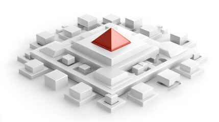 Abstract geometric composition with pyramid centerpiece surrounded by white cubes and a minimalist design aesthetic for modern art and architecture concepts