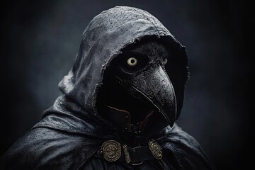 Mysterious figure wearing a dark weathered cloak and a black bird-shaped mask with piercing eyes in a dim, foggy atmosphere