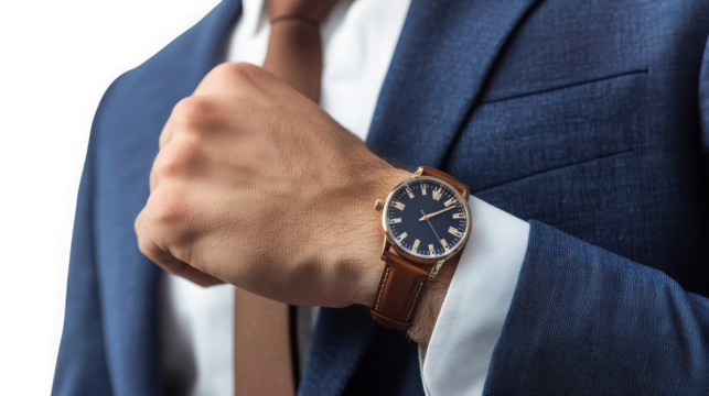 Man in a blue suit adjusting his tie while wearing a wristwatch with a brown leather strap on his left wrist on transparent background