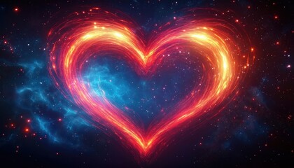 Glowing fiery heart shape made of sparkling light trails in vibrant space filled with stars and cosmic blue clouds, evoking warmth and cosmic wonder