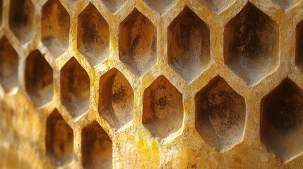 Close-up image of an empty honeycomb structure showing hexagonal cells with warm yellow and brown tones, evoking a natural and intricate pattern