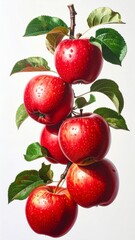Branch of Ripe Red Apples with Water Droplets on Leaves against White Background
