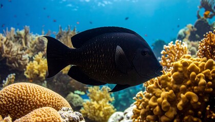 Obraz premium A dark fish swims near coral reefs in a vibrant underwater scene