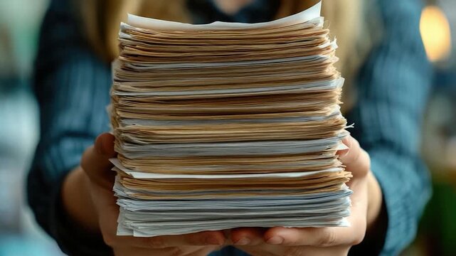 A person holding a stack of papers, suitable for office or business use