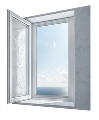 Obraz premium open white window revealing a calm sea horizon under a clear blue sky with soft clouds and bright sunlight reflecting on the water