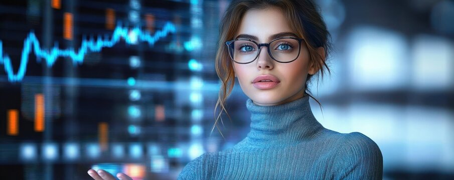 Young woman wearing glasses and blue turtleneck sweater looking attentively with digital stock market data and charts in the background