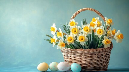A wicker basket filled with vibrant yellow and white daffodil flowers on a blue surface with five colorful pastel Easter eggs arranged in front