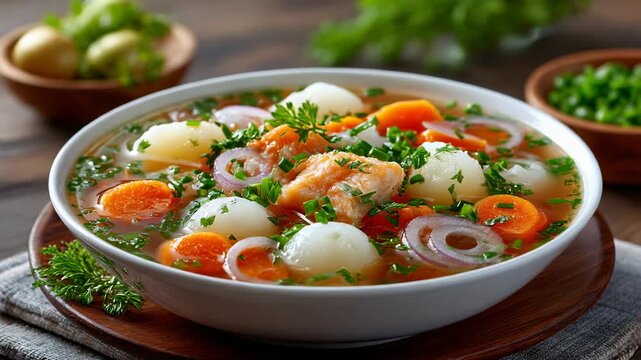 Hearty vegetable soup with fish