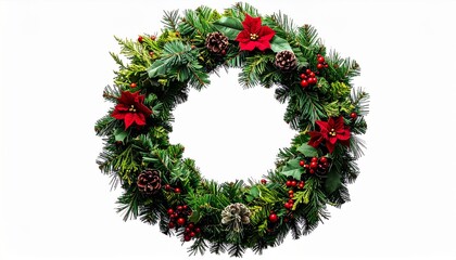 Festive Christmas Wreath with Red Poinsettias and Pine Cones on White Background
