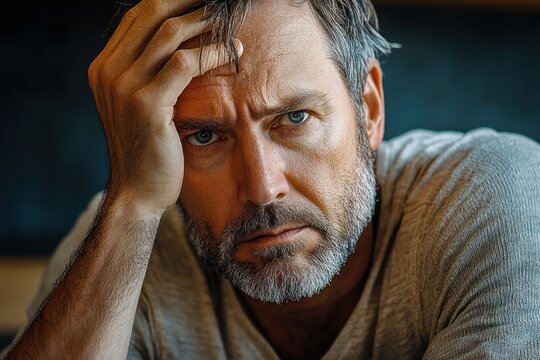 Close-up portrait of a middle-aged man with a beard and gray hair looking worried and contemplative with one hand resting on his forehead