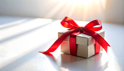 白い背景に赤いリボンのギフトボックス | Gift Box with Red Ribbon on White Background