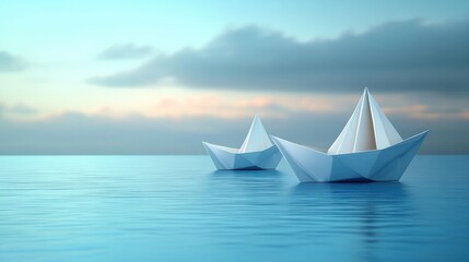 Two white paper boats floating calmly on a serene blue water surface under a soft cloudy sky at dusk
