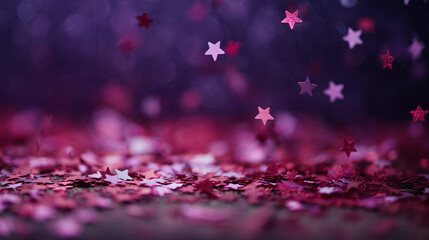 pink and red sequins scattered on ground, star-shaped confetti falling from above, blurred background, dark purple tones, pink tones, mysterious atmosphere. Background for new year or christmas.