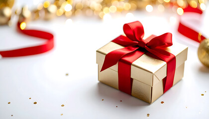 赤いリボンと金のギフトボックス | Gold Gift Box with Red Ribbon on White Background
