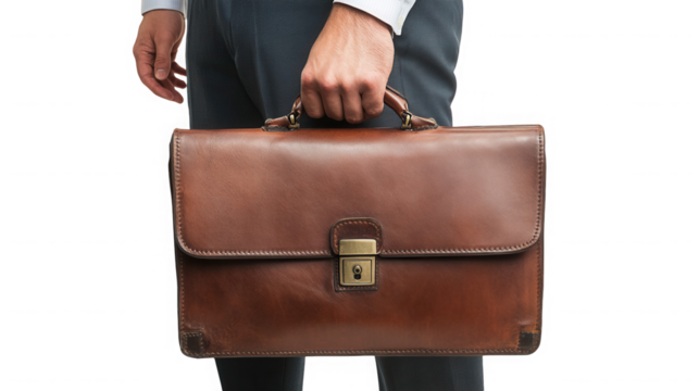 A man holding a brown leather briefcase with a metal latch in front of a black background image on transparent background