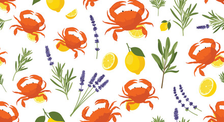 Obraz premium A delightful pattern featuring bright red crabs surrounded by fresh lemons and fragrant lavender sprigs.