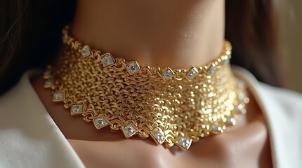 A detailed shot of an exquisite golden mesh choker, elegantly adorned with brilliant diamonds, showcasing luxurious craftsmanship and timeless beauty on a woman
