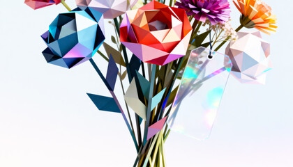 Geometric Floral Symphony: A striking, digitally crafted bouquet bursts with life, showcasing vividly colored, geometric flowers. The artwork explores the intersection of nature, art.