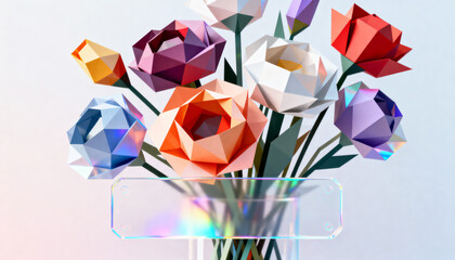 Origami Flowers: A vibrant collection of origami flowers bursts forth from a clear vase, their colorful, geometric forms offering a modern and artistic interpretation of floral beauty. 