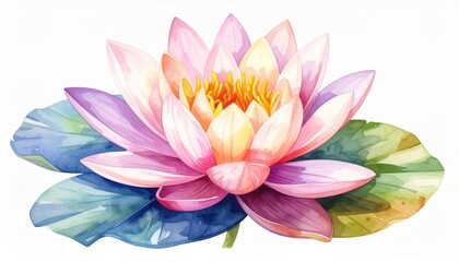 Watercolor Pink Lotus Flower Blossom with Yellow Stamens and Green Leaves