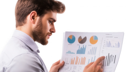 Man in a white shirt reviewing data charts and graphs on a paper with his finger pointing at it on transparent background
