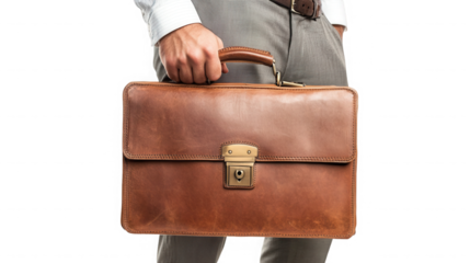 A man holding a brown leather briefcase with a metal lock in front of a black background image on transparent background