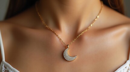Elegant golden crescent moon pendant necklace adorned with sparkling cubic zirconia, perfect for a touch of celestial charm and sophisticated style