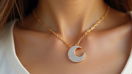 Elegant crescent moon pendant necklace adorned with sparkling crystals, crafted in gleaming gold, a celestial accessory for sophisticated style