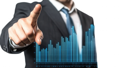 Man in suit pointing at a rising blue bar graph  showing business growth trend on transparent background