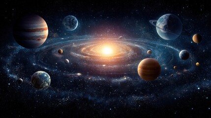 A vibrant solar system with planets and stars in a cosmic backdrop.