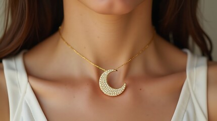 Elegant closeup of a woman's neckline showcasing a beautiful golden crescent moon pendant necklace adorned with sparkling stones