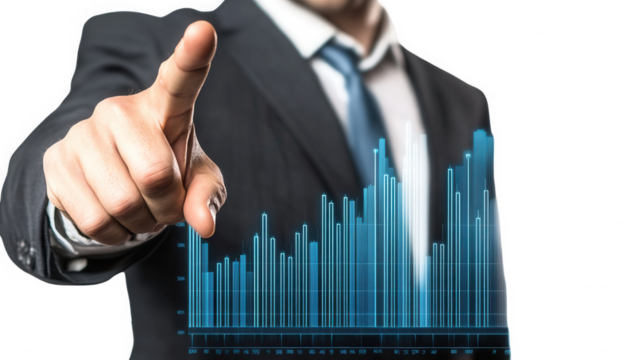 Man in suit pointing at a rising blue bar graph showing business growth trend on transparent background - Powered by Adobe