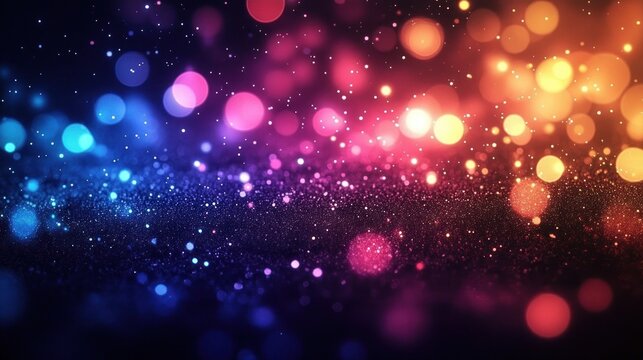 Colorful gradient bokeh lights with glowing round shapes and sparkling particles creating a dreamy and festive atmosphere