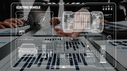 A futuristic electric vehicle dashboard showcasing data visualizations for battery performance and charging metrics, ideal for business analysis and innovation discussions in transportation. Raster - Powered by Adobe