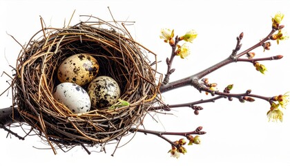 Nest with Quail Eggs on Flowering Branch Isolated on White Background