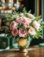 Elegance of Rose Bouquet: A charming bouquet of delicate pink roses graces a table in a sunlit room, its soft hues enhanced by lush greenery, exuding an air of grace and beauty.