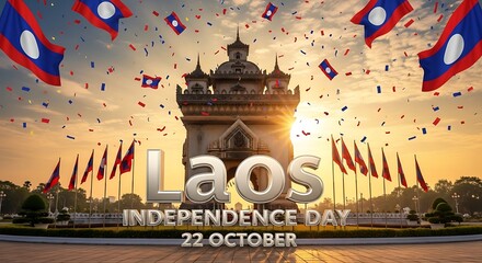 Laos Independence Day Celebration at Patuxai Monument with Flags and Confetti